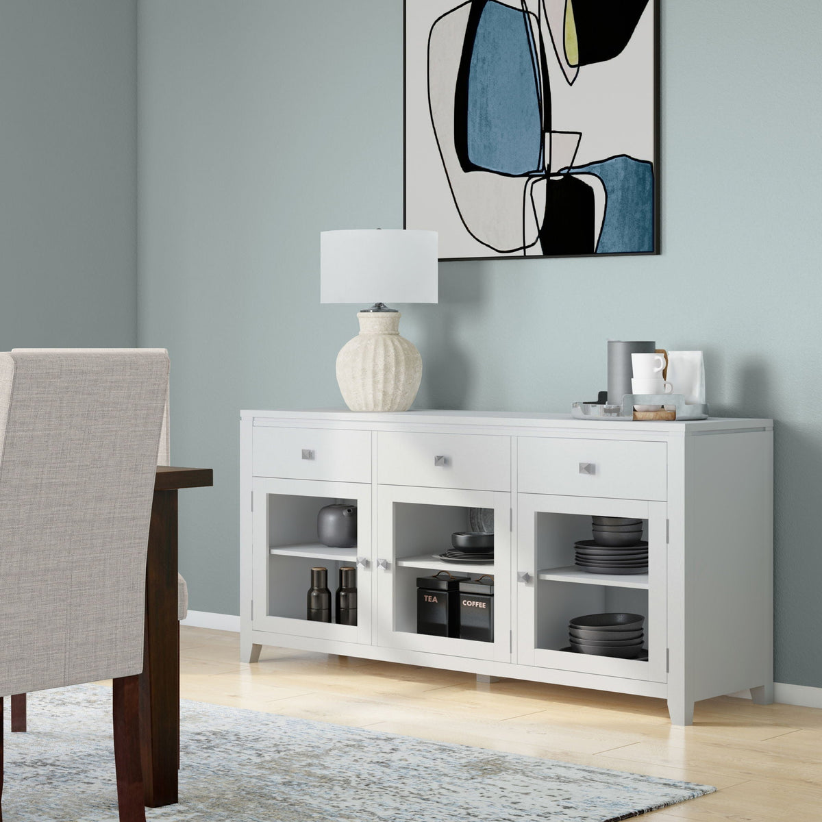 Handcrafted sideboard buffet with glass doors, white finish and open shelves for dishes on Tampa Home & Garden Store