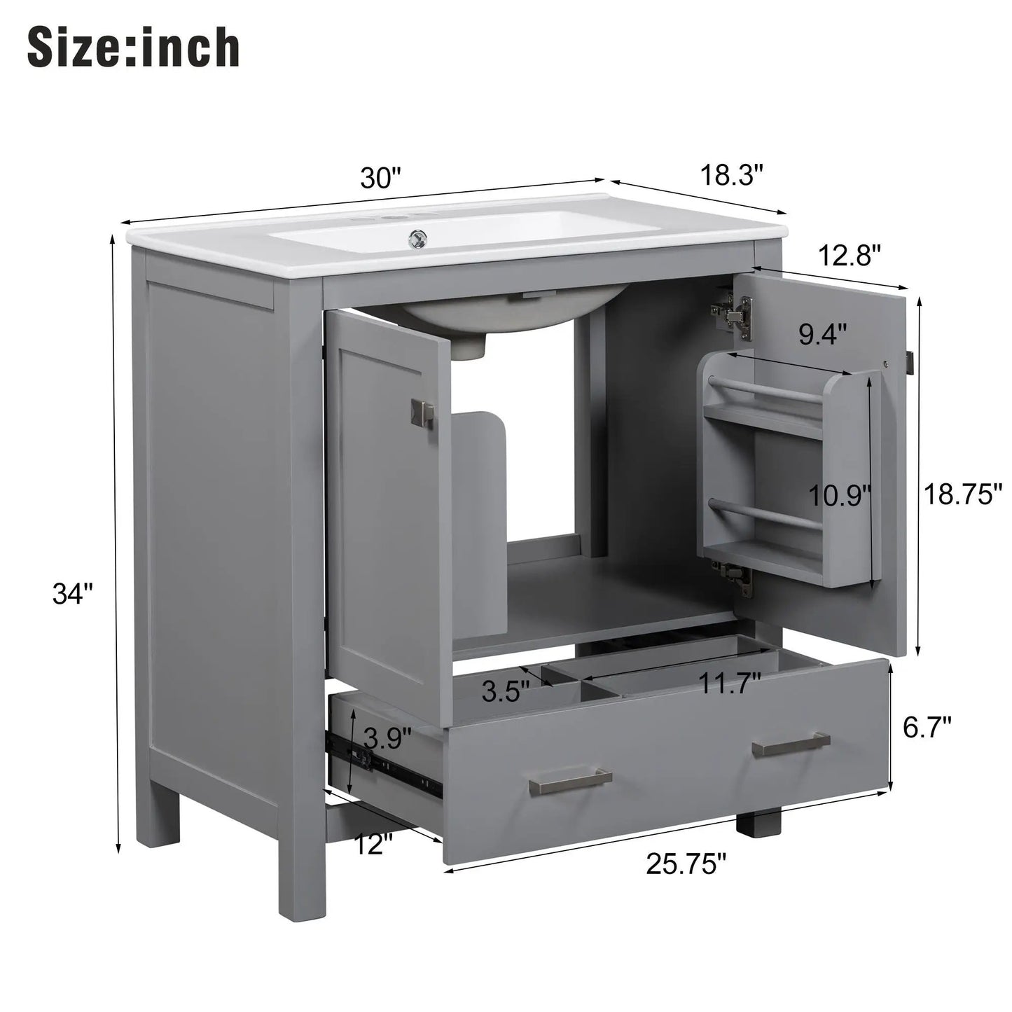 Bathroom vanity with undermount sink, gray cabinet, two doors and a drawer, soft-close storage on Tampa Home & Garden Store