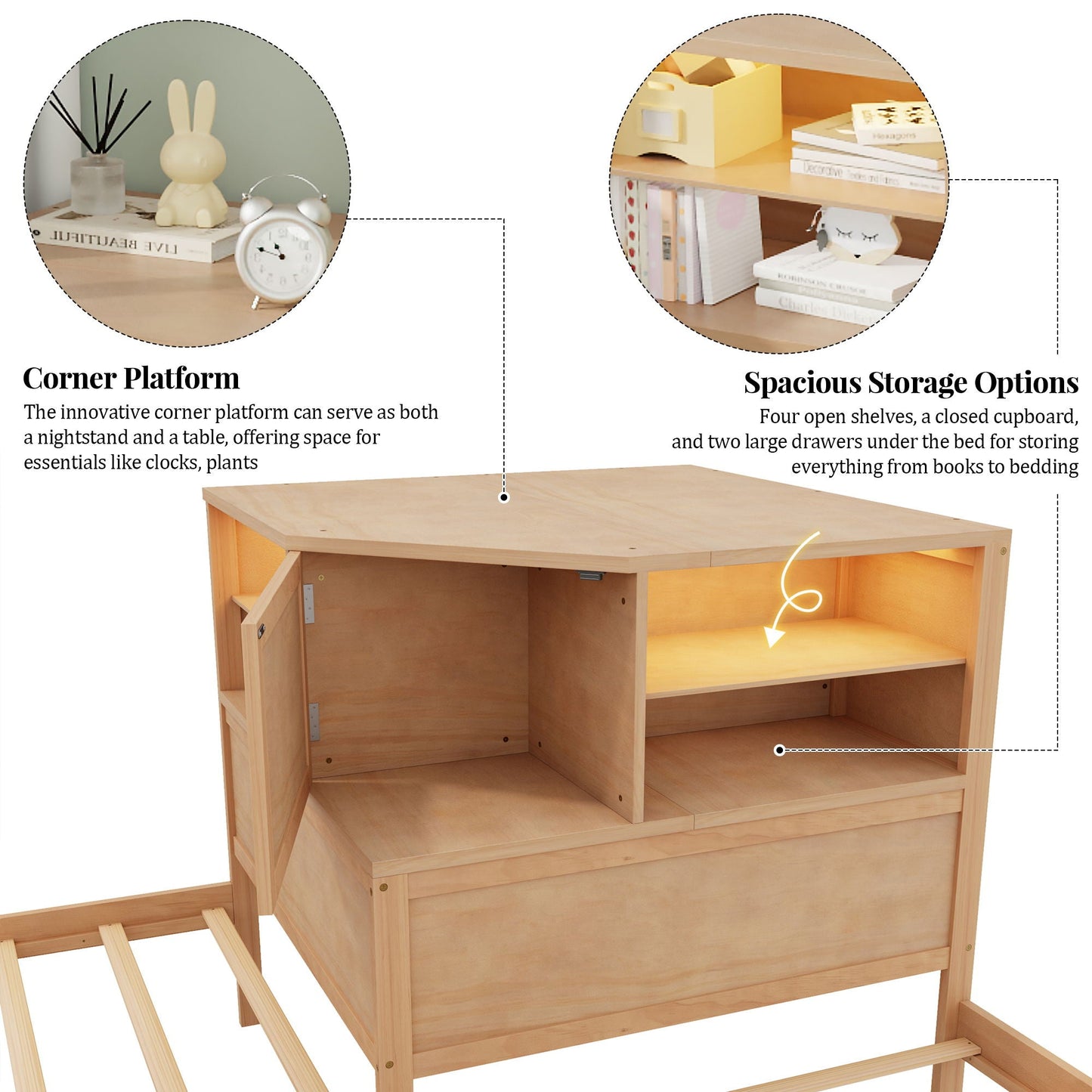 Compact L Shaped Bed Frame with Trundle and Desk