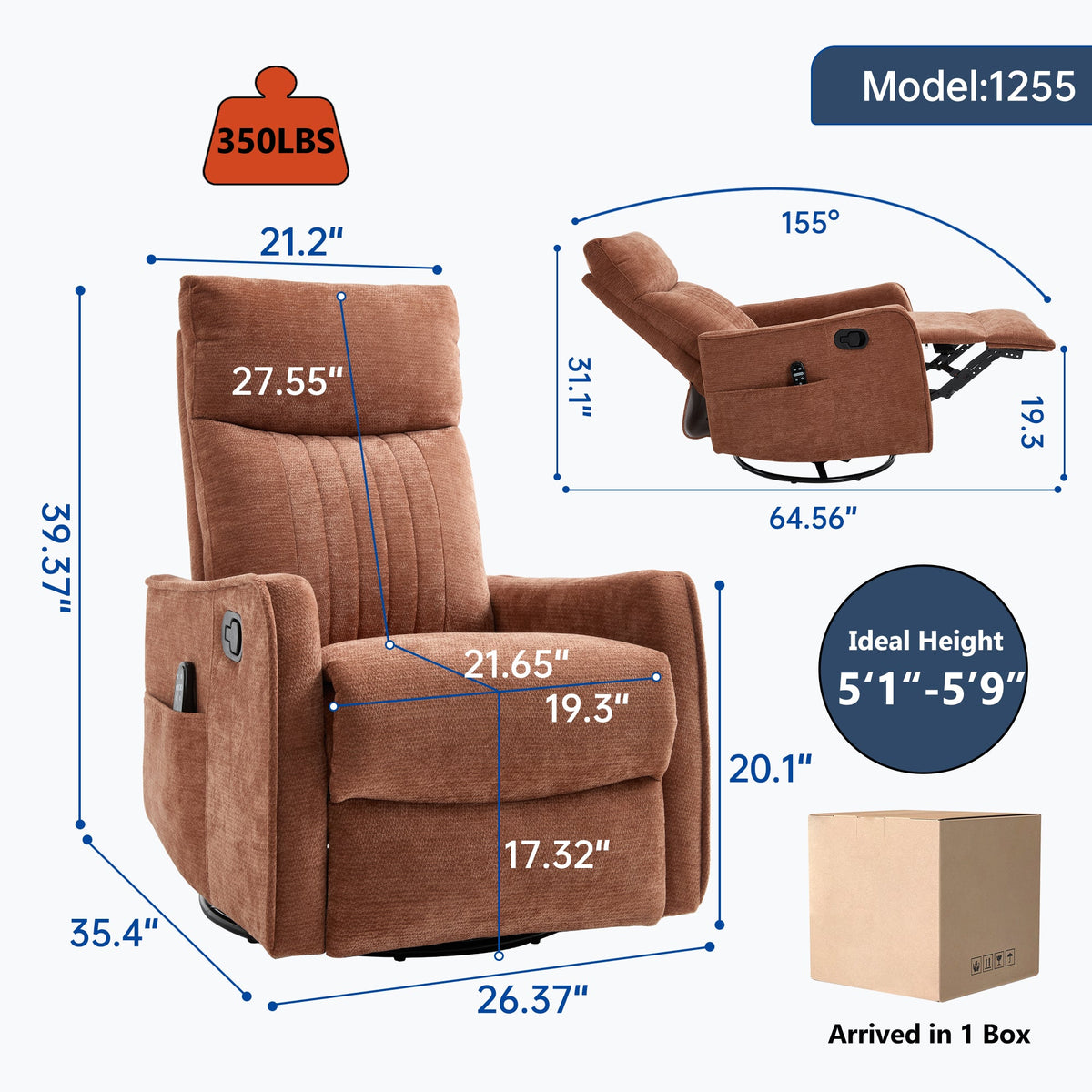 Orange Heat Massage Manual Recliner Chair with Rocker and Swivel in fabric by HouseOfZazla on Tampa Home & Garden Store
