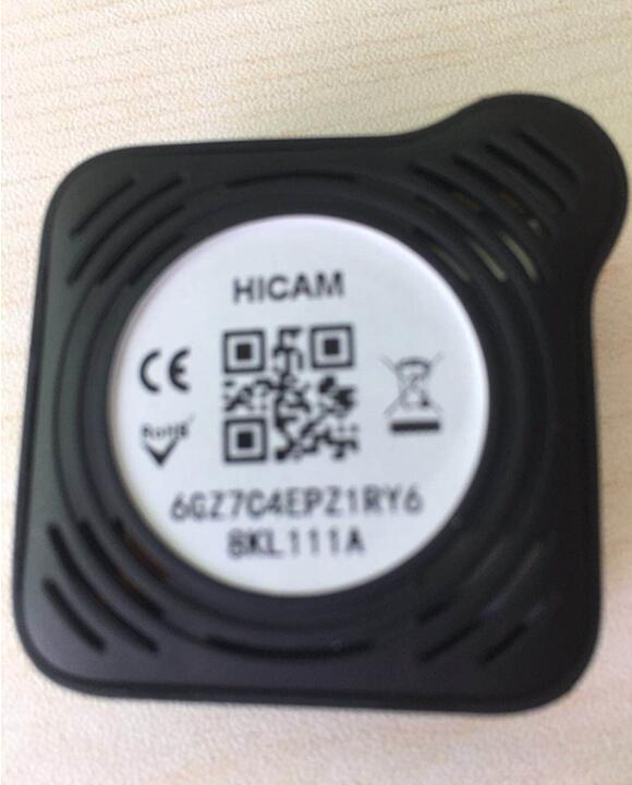Black C1S portable sports camera base with silver HICAM label, QR codes and CE mark on Tampa Home & Garden Store