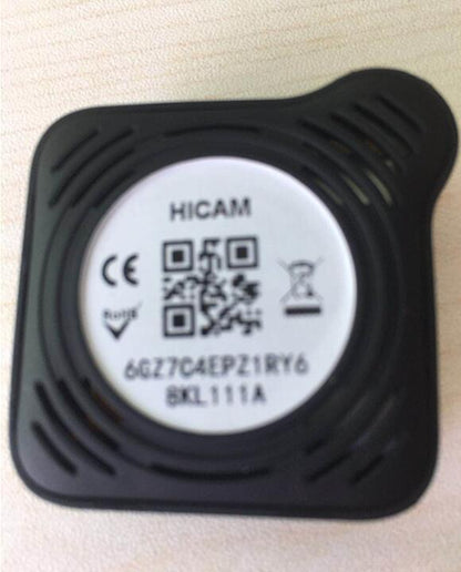Black C1S portable sports camera base with silver HICAM label, QR codes and CE mark on Tampa Home & Garden Store