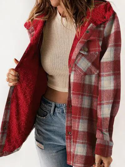 Plaid Snap Down Plush Hooded Jacket Women Warm