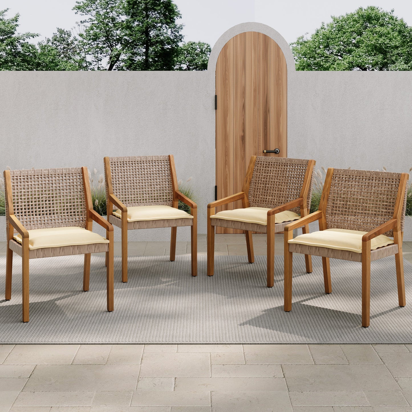Outdoor dining chairs set of 4 with acacia wood frames and wicker backs, cream cushions on Tampa Home & Garden Store