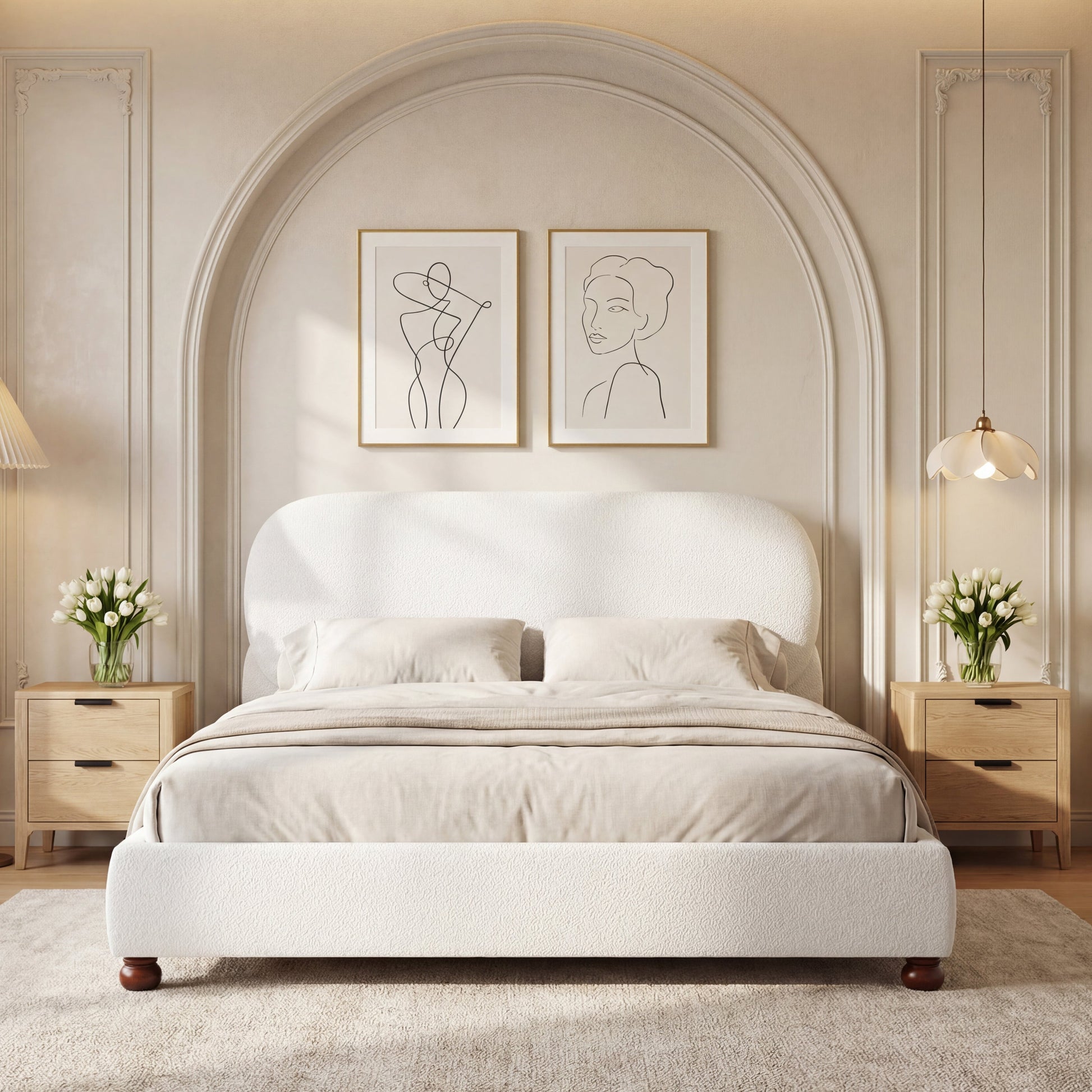 Cream boucle upholstered king bed with rubber wood feet by HouseOfZazla in a refined bedroom on Tampa Home & Garden Store