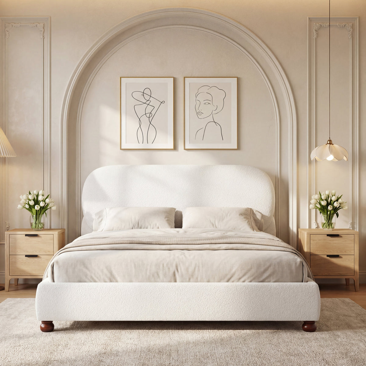 Cream bouclé upholstered bed with rubber wood feet, queen size by HouseOfZazla on Tampa Home & Garden Store