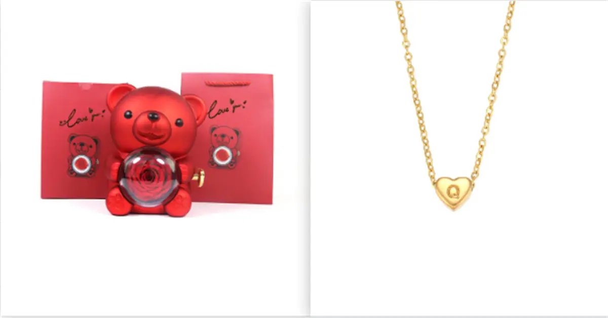 Eternal Rose Teddy Bear Gifts Box red bear with rose orb and gold heart necklace two-item gift set on Tampa Home & Garden Store