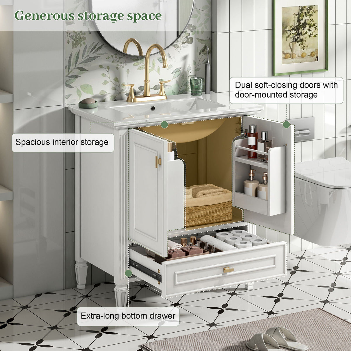 HouseOfZazla freestanding vanity with drawer and dual soft-close doors in white finish on Tampa Home & Garden Store