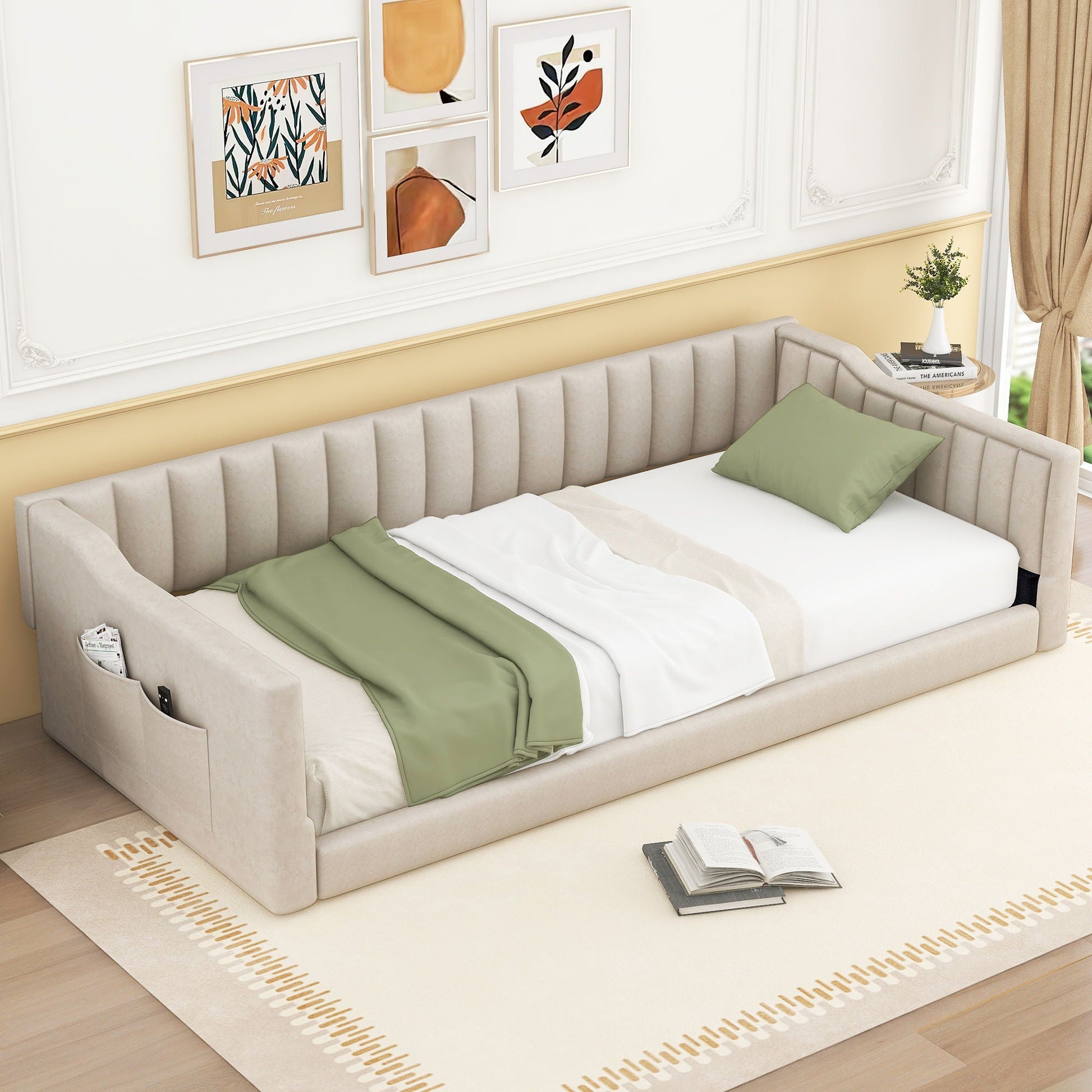 Daybed with side storage pocket in beige upholstery by Unique Piece Furniture on Tampa Home & Garden Store