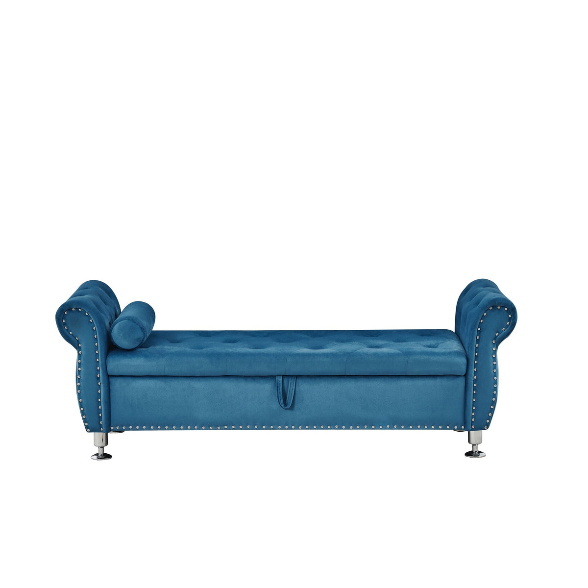 Blue velvet storage bench with crystal button tufting and 1 pillow for bedroom on Tampa Home & Garden Store