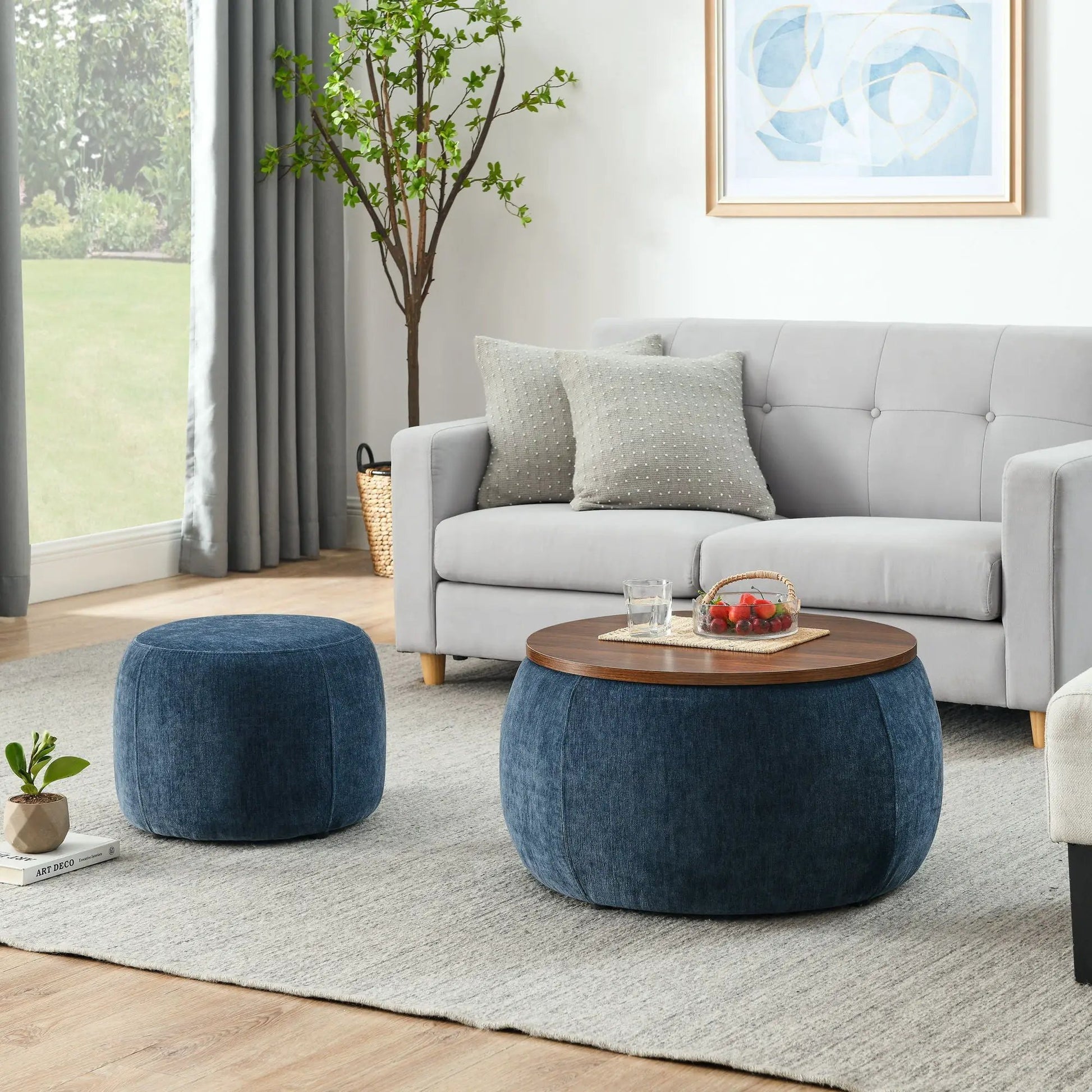 Pair of round storage ottomans with blue fabric and wood lids 2in1 end table by Unique Piece on Tampa Home & Garden Store