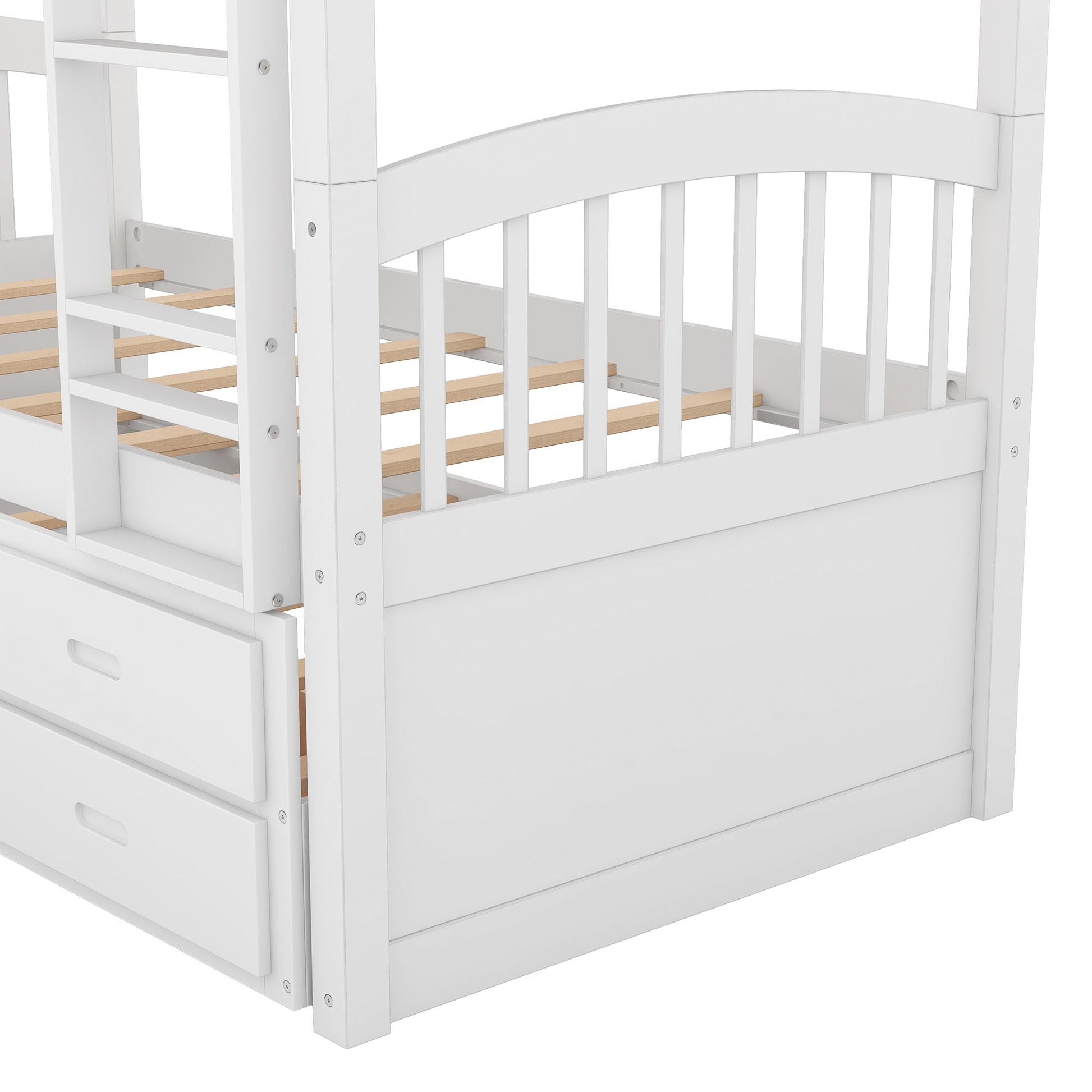 White bunk bed with arched headboard and footboard, lower drawer and wood slats, HouseOfZazla on Tampa Home & Garden Store