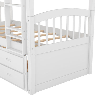 White bunk bed with arched headboard and footboard, lower drawer and wood slats, HouseOfZazla on Tampa Home & Garden Store