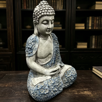 16'' Weatherproof Resin Buddha Garden Statue by HouseOfZazla, gray with blue floral robe on Tampa Home & Garden Store