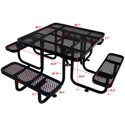 Square outdoor steel picnic table with umbrella pole, powder-coated mesh top and benches on Tampa Home & Garden Store