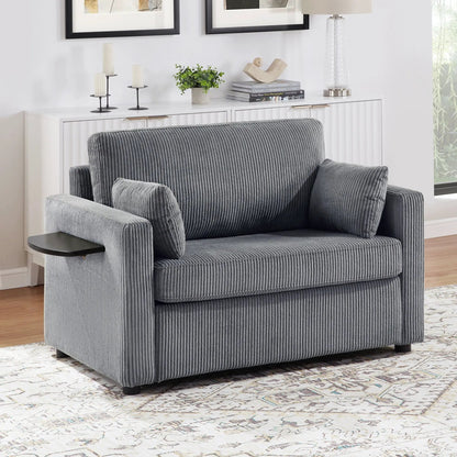 Sleeper sofa in gray ribbed fabric with attached black side table on Tampa Home & Garden Store