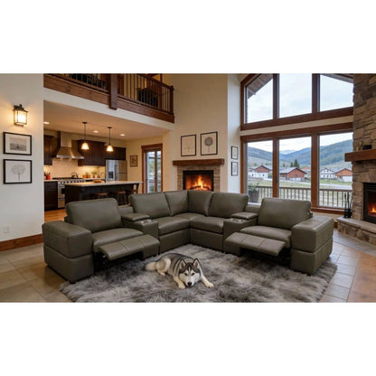 Upholstered large-arms sectional with recliner seats in gray leather near a fireplace on Tampa Home & Garden Store