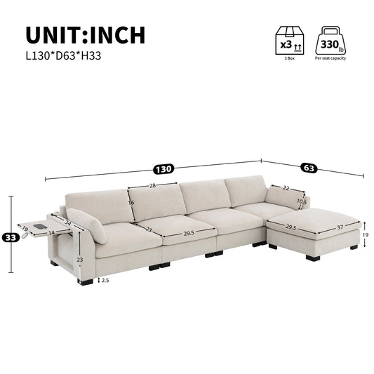 130-inch modular sectional sofa by HouseOfZazla in beige fabric with chaise on Tampa Home & Garden Store