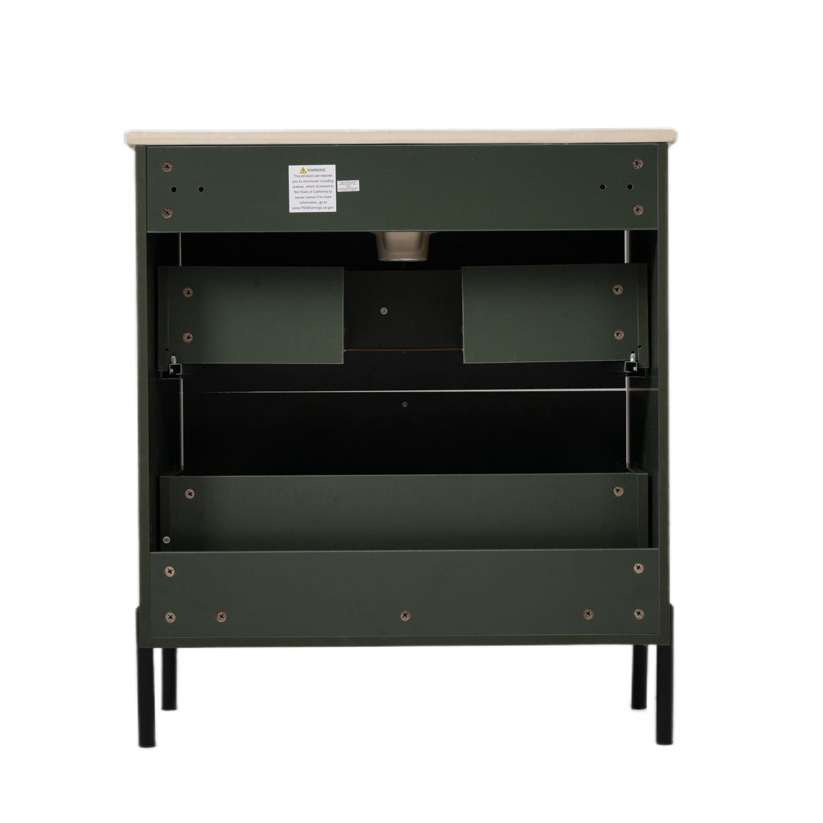 Bathroom vanity by HouseOfZazla in dark green with beige countertop, inside open on Tampa Store on Tampa Home & Garden Store