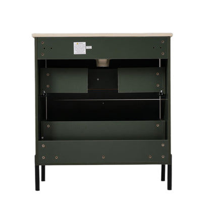 Bathroom vanity by HouseOfZazla in dark green with beige countertop, inside open on Tampa Store on Tampa Home & Garden Store