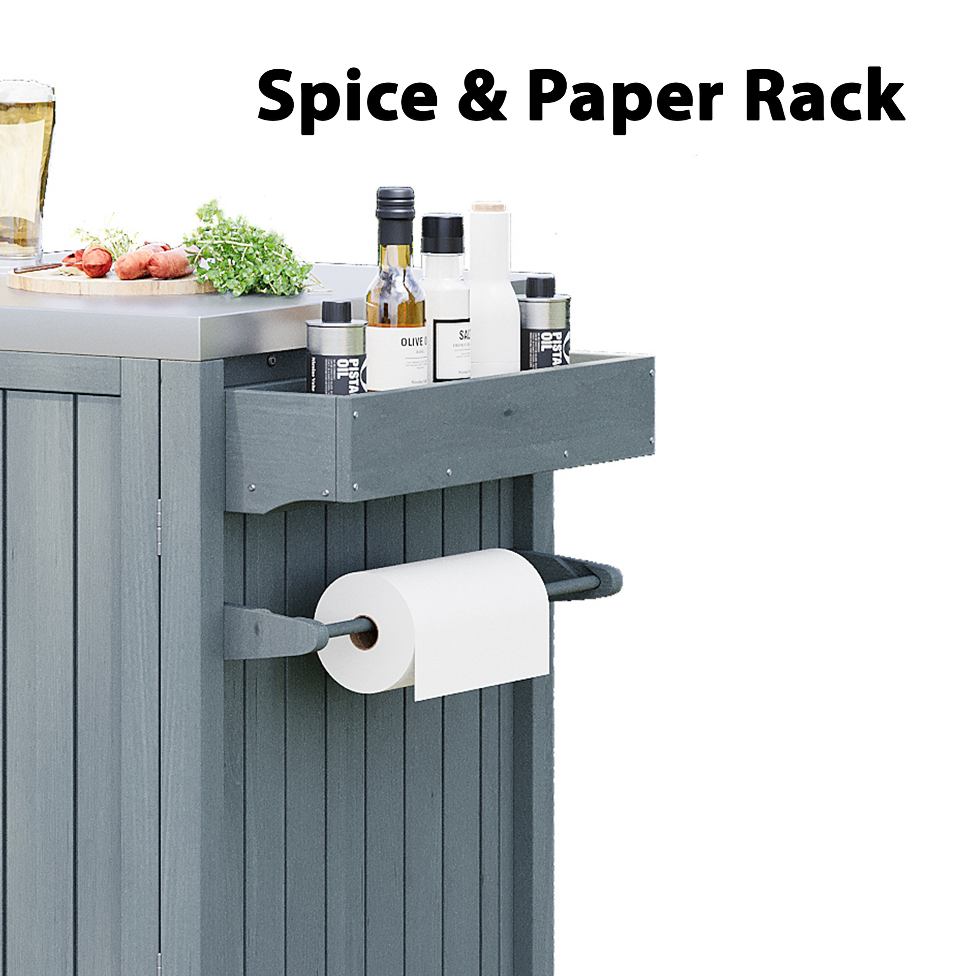 K&K 66.5in Island gray wood cart with spice rack and paper towel holder for Big Green Egg on Tampa Home & Garden Store