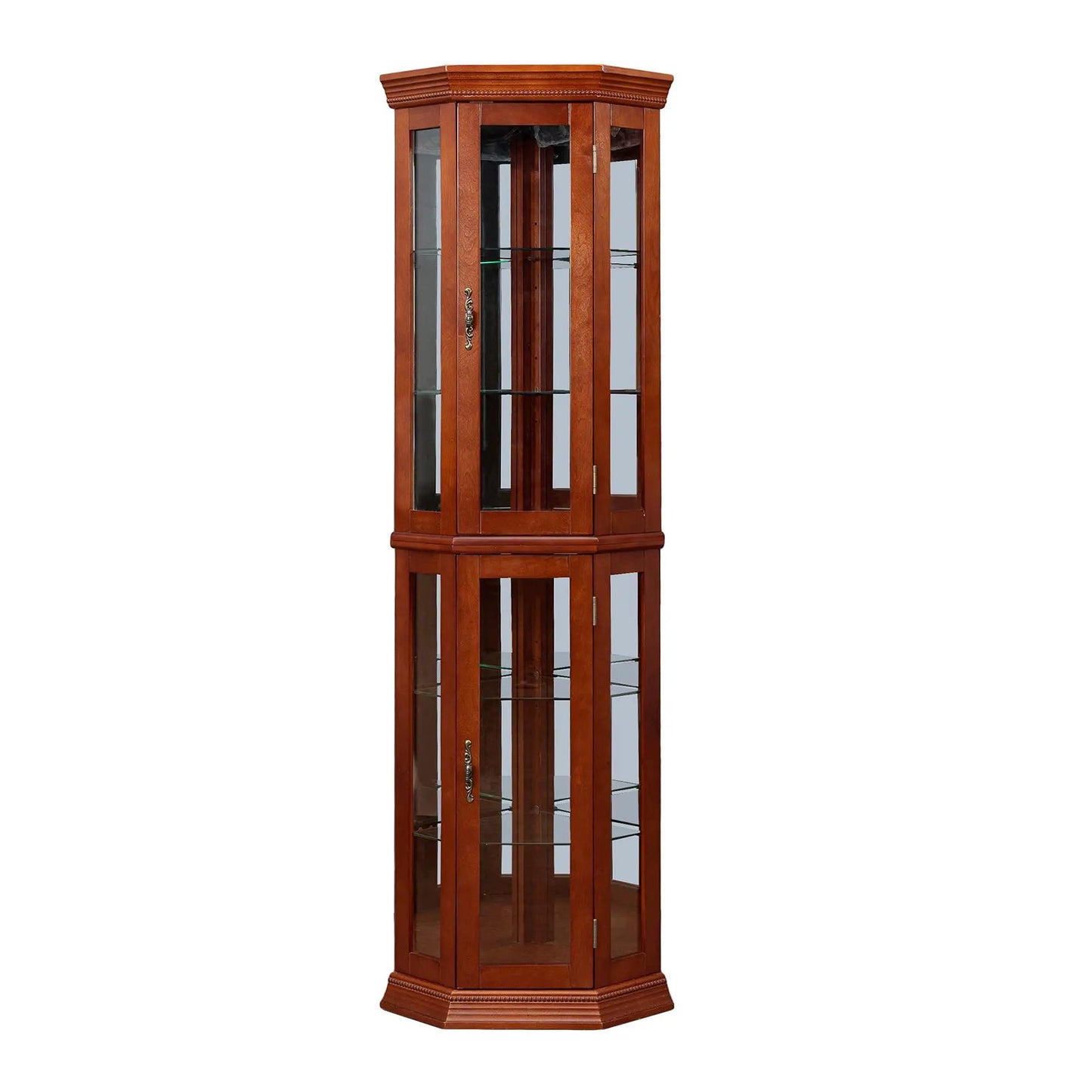 Corner curio cabinet in warm wood with glass doors, tempered glass shelves, mirrored back on Tampa Home & Garden Store