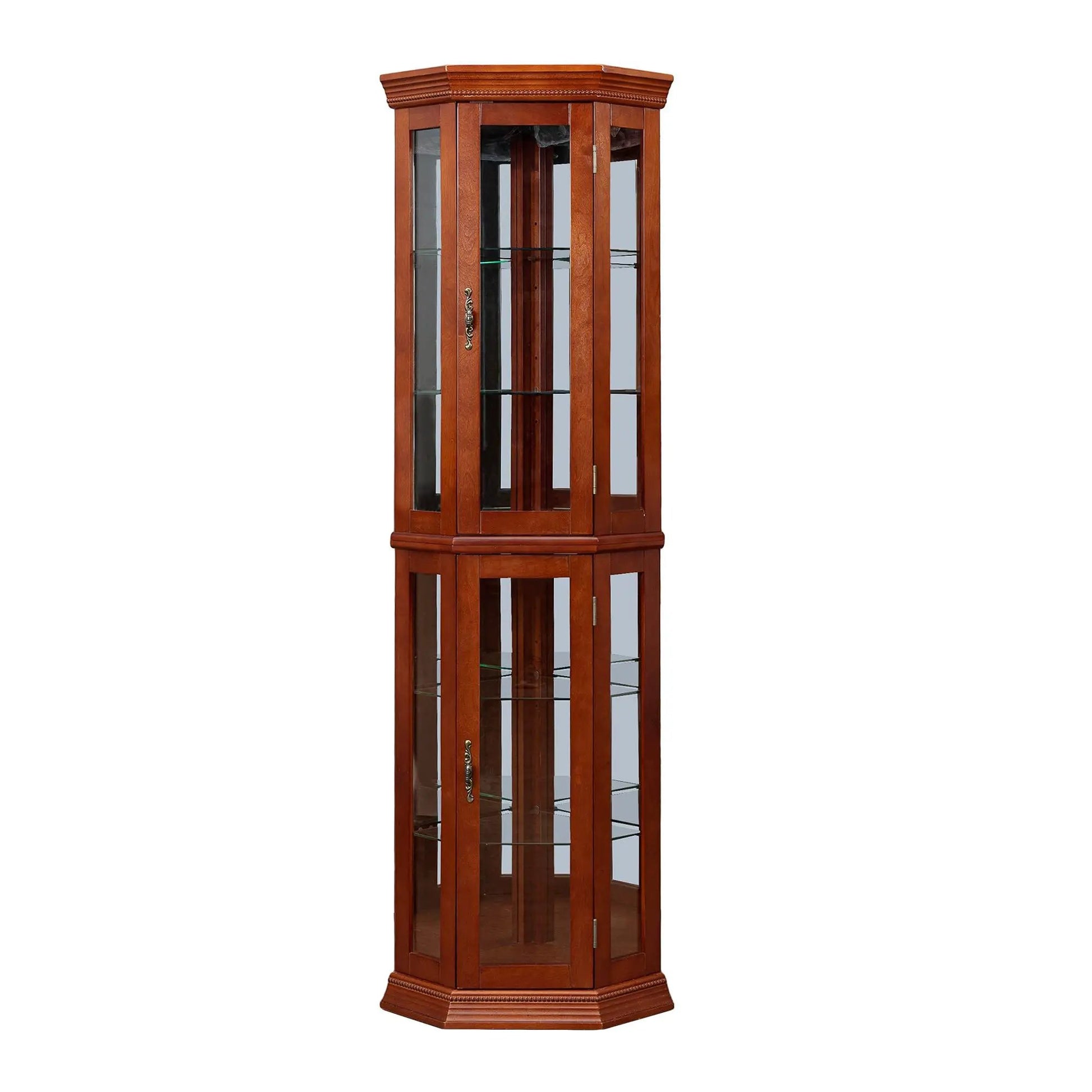 Corner curio cabinet in warm wood with glass doors, tempered glass shelves, mirrored back on Tampa Home & Garden Store