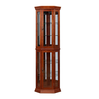Corner curio cabinet in warm wood with glass doors, tempered glass shelves, mirrored back on Tampa Home & Garden Store