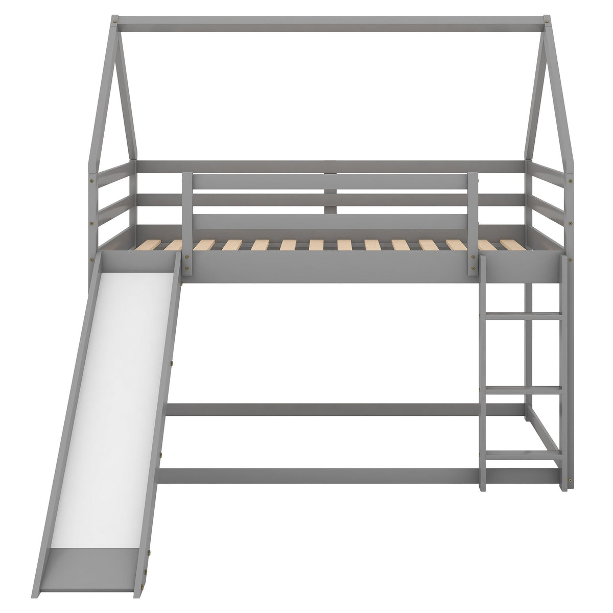 House Shape Bunk Bed With Slide And Ladder gray metal frame, wooden slat base, side ladder on Tampa Home & Garden Store