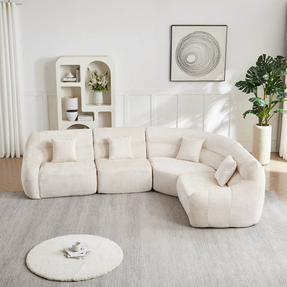 123.2-Inch Modern Luxury Curved Corner Sectional Sofa beige fabric living room setup on Tampa Home & Garden Store