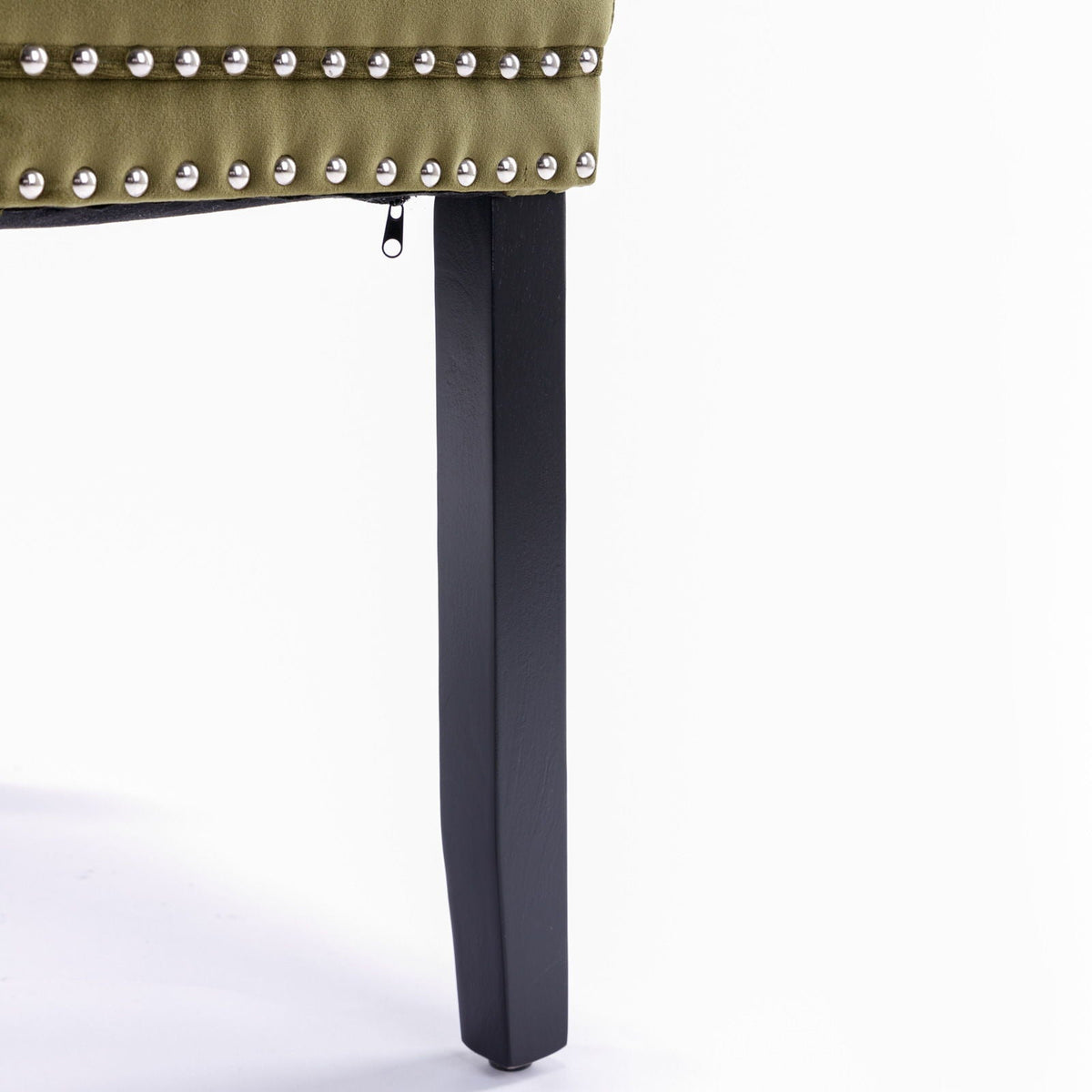 Tufted velvet dining chair with olive green upholstery and nailhead trim, black wood leg on Tampa Home & Garden Store