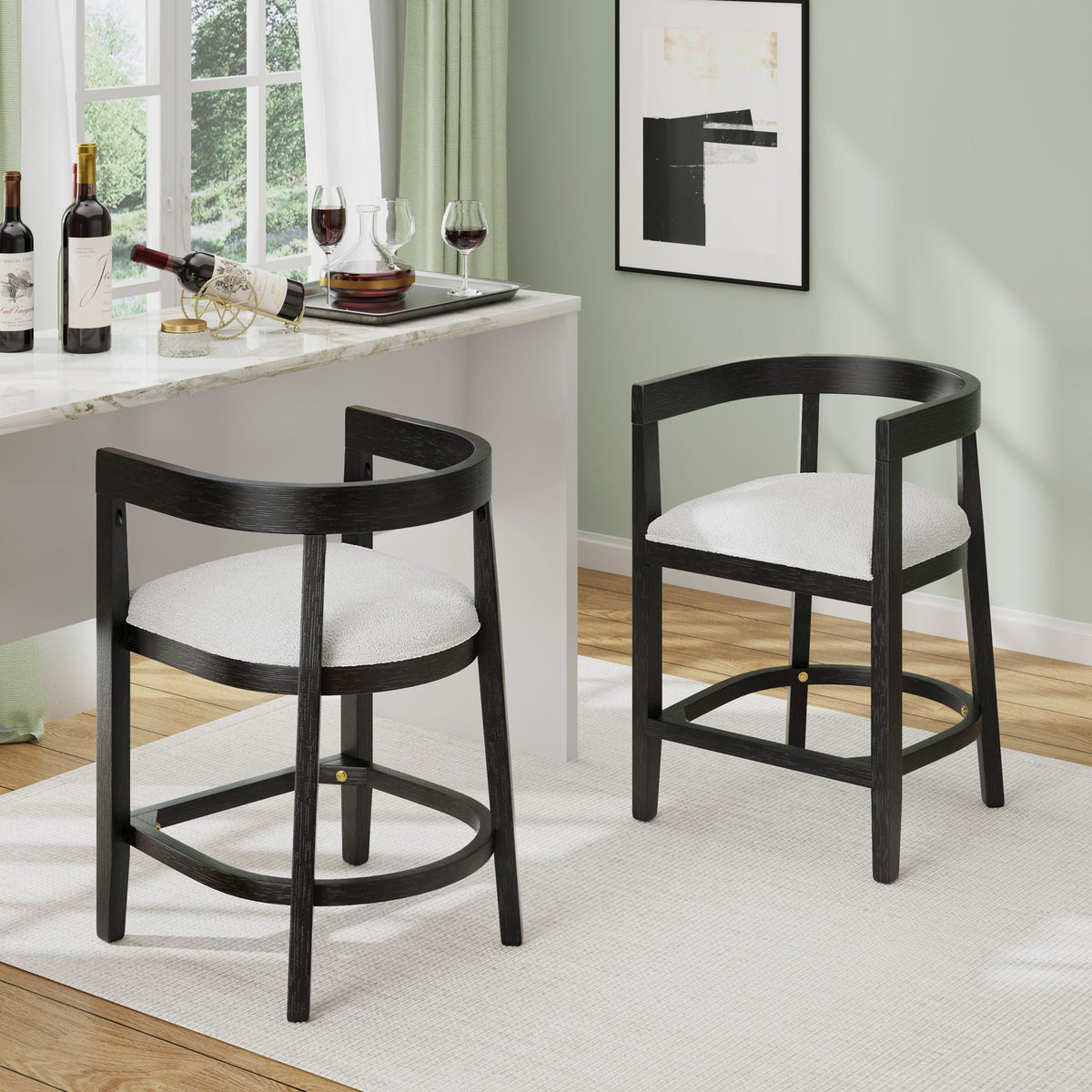 Modern rubberwood counter stool pair with upholstered seats, black frame by HouseOfZazla on Tampa Home & Garden Store