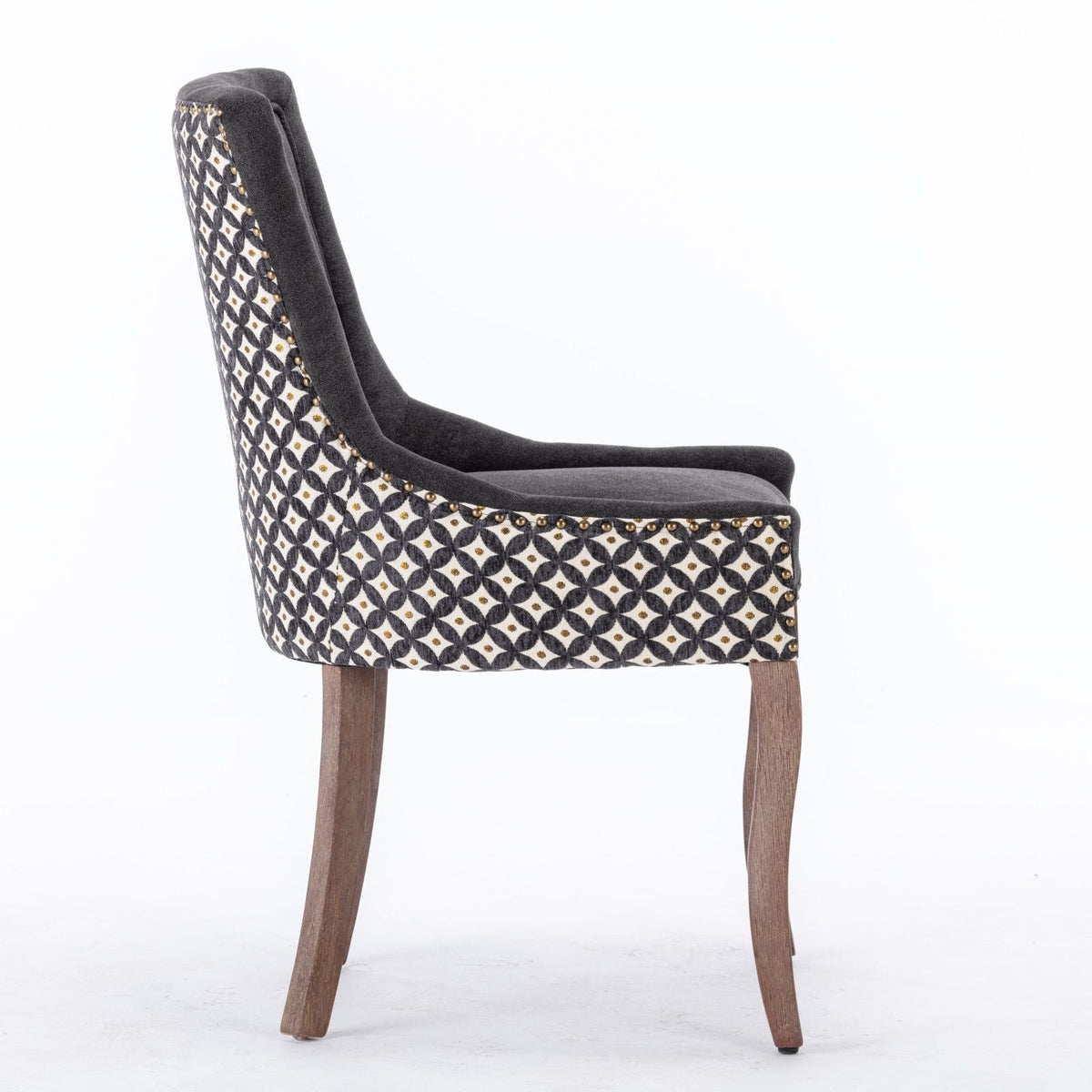 Ultra Side Dining Chair Set with Solid Wood Legs in black/white geometric fabric with gold studs on Tampa Home & Garden Store