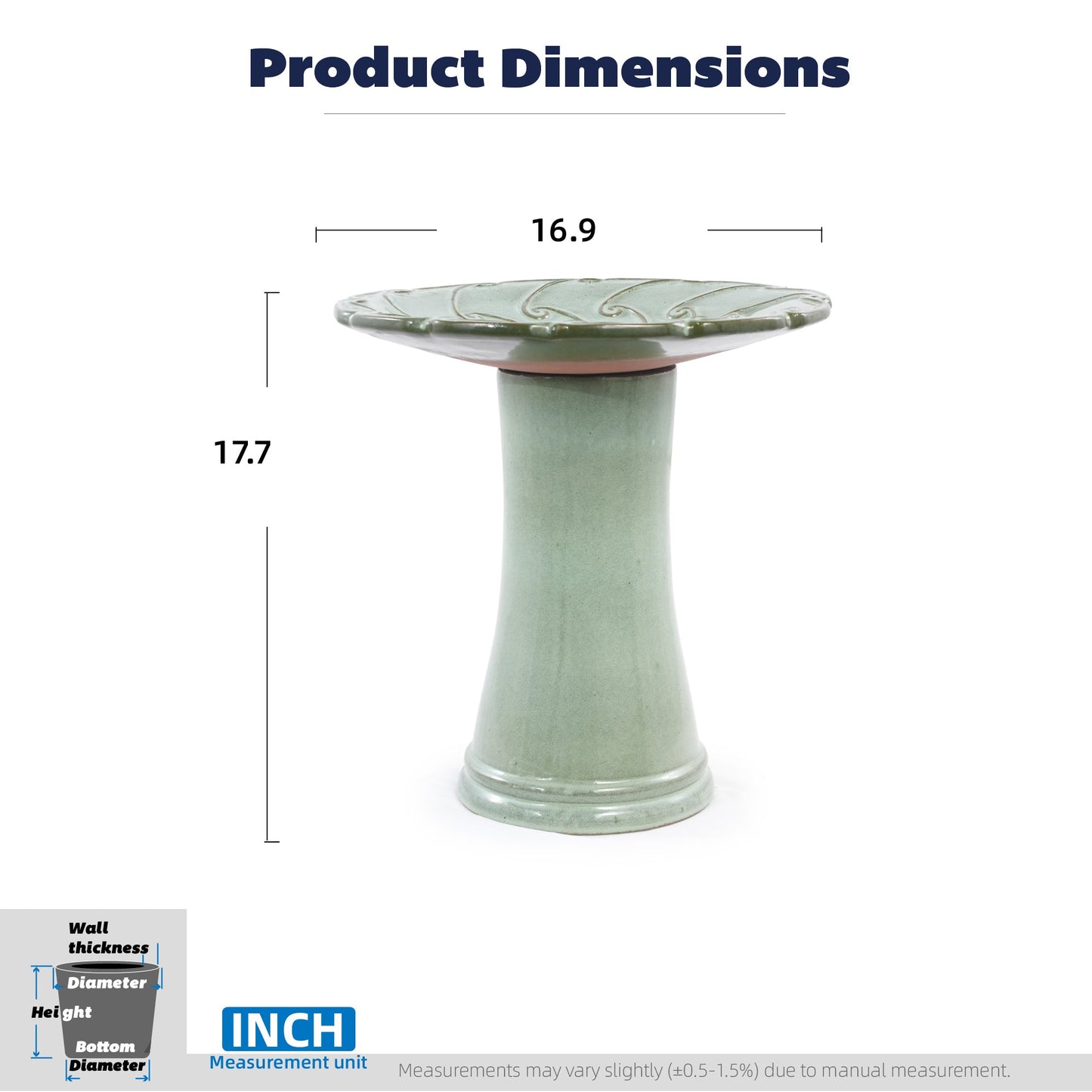 Handmade glazed ceramic bird bath on a green pedestal with decorative swirls by HouseOfZazla on Tampa Home & Garden Store