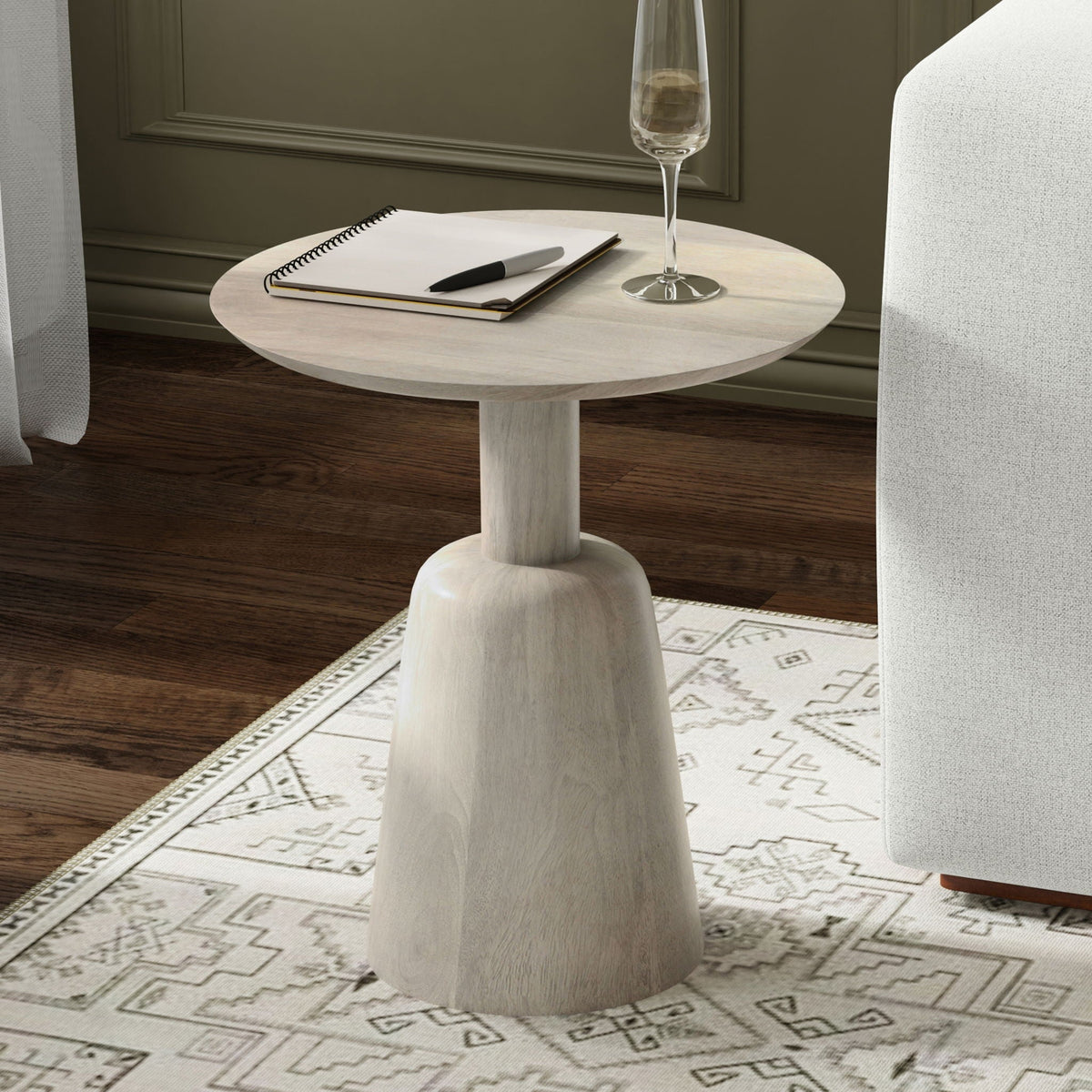 White Washed round side table with sculptural pedestal base, 18 in dia, 20 in high on Tampa Home & Garden Store