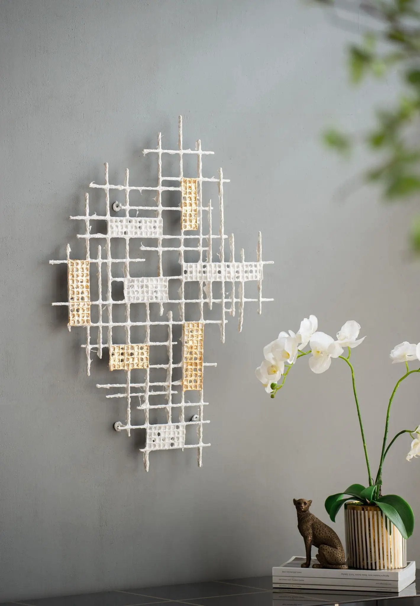 Wall Decor White and Gold Geometric Grid Art