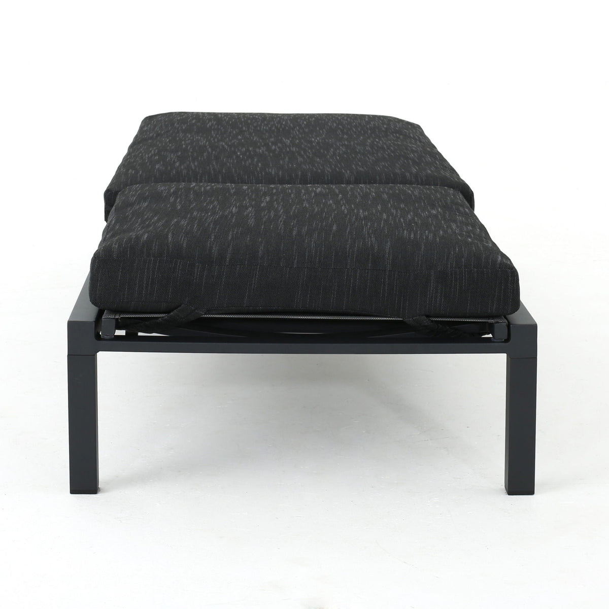Modern chaise lounge with dark gray water-resistant fabric cushions on a black metal frame on Tampa Home & Garden Store