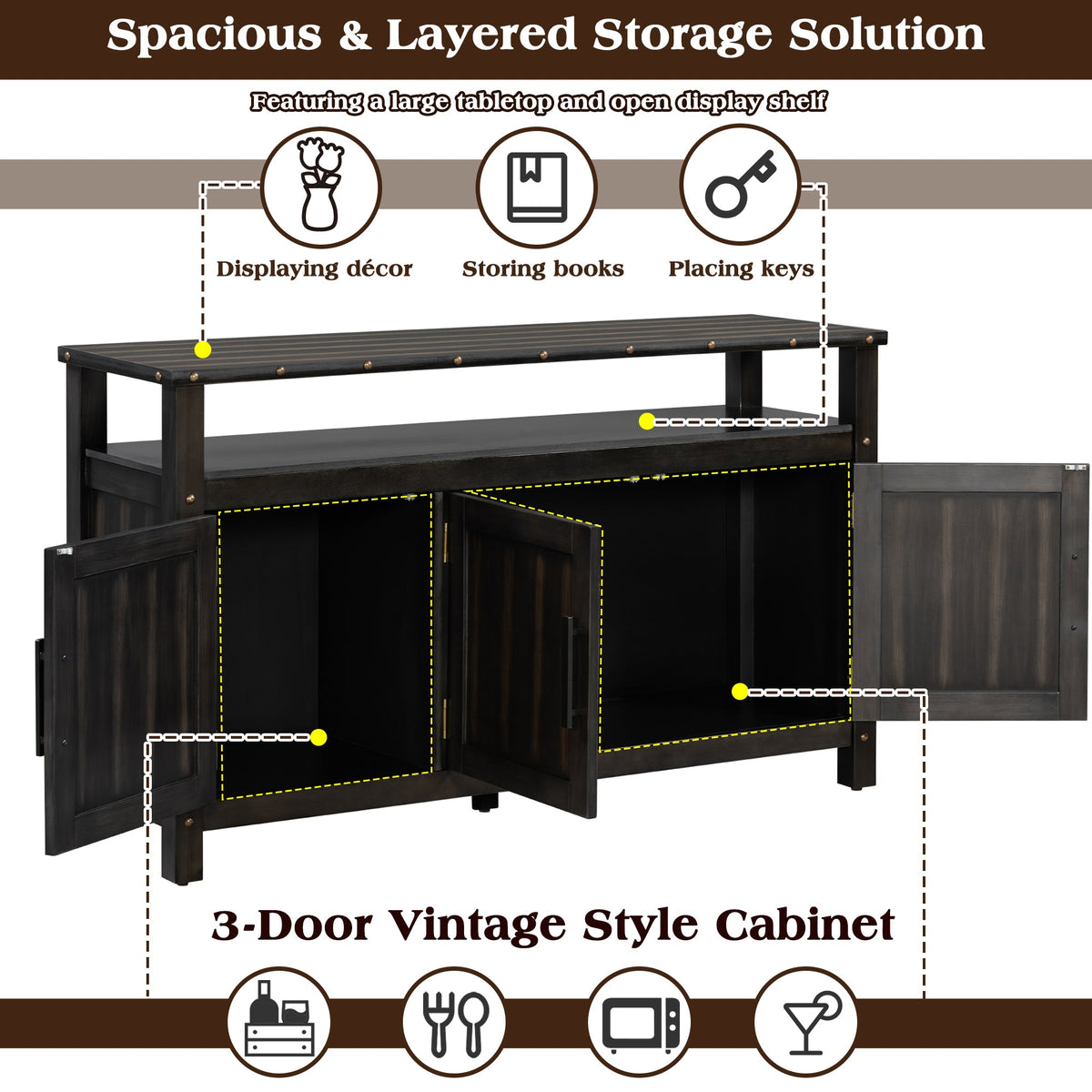 Three-door pine wood buffet cabinet by HouseOfZazla, dark stained vintage style storage server on Tampa Home & Garden Store