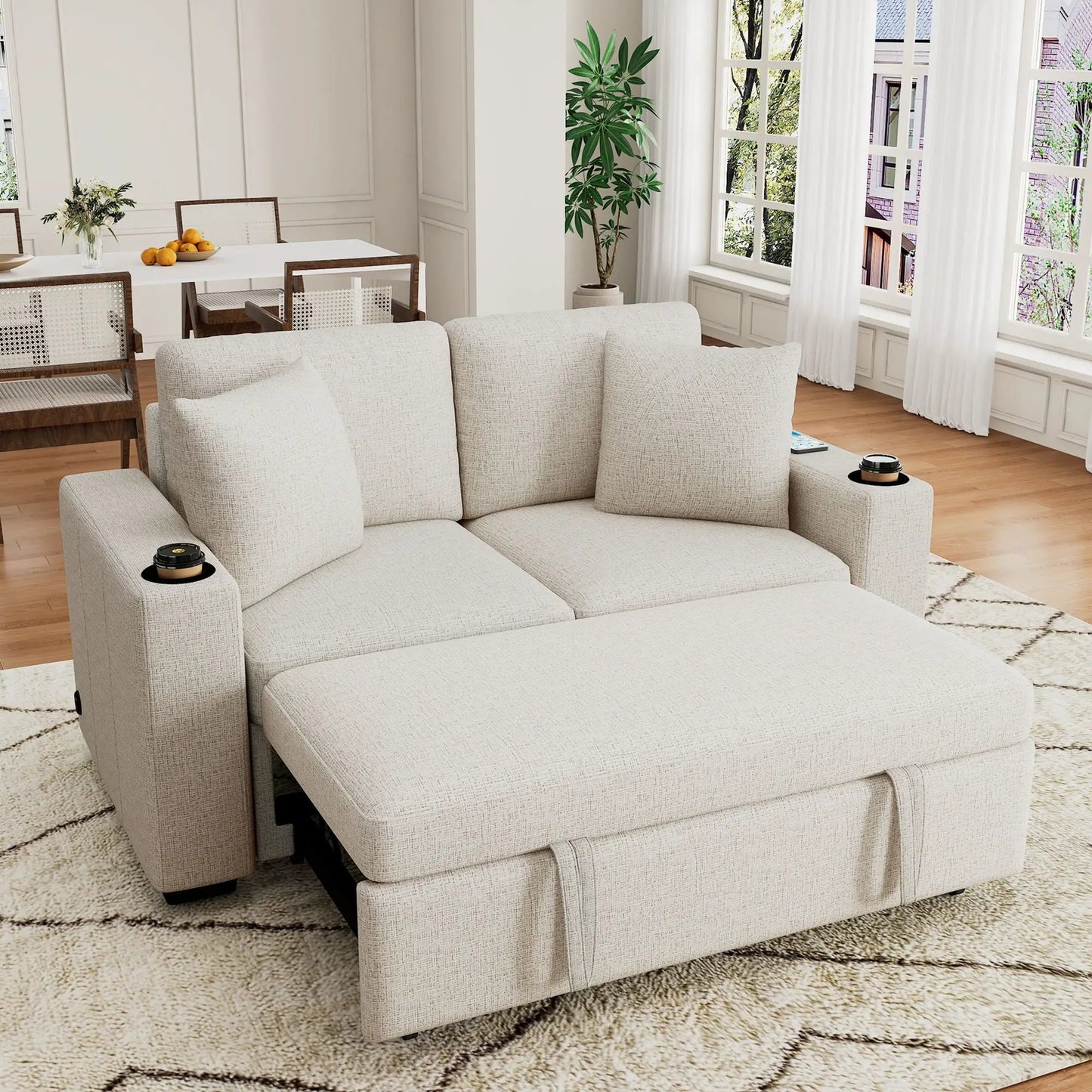 Modern 2-seat sleeper loveseat in beige fabric with pull-out bed and USB ports & cup holders on Tampa Home & Garden Store