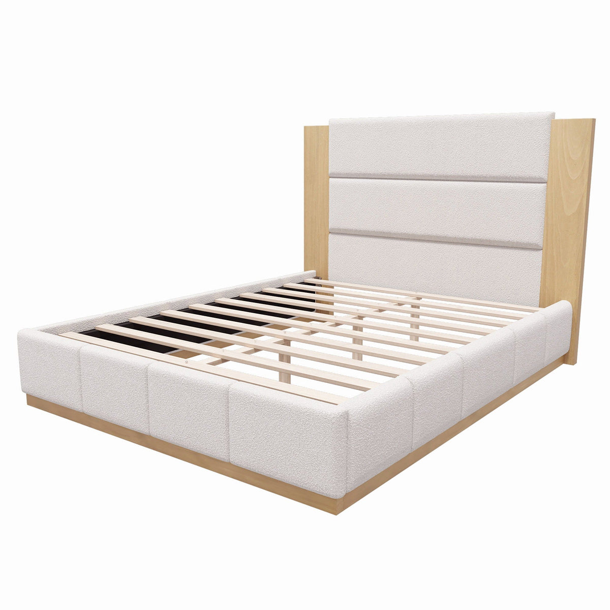 Modern upholstered platform bed with extended beige headboard and wood frame HouseOfZazla on Tampa Home & Garden Store