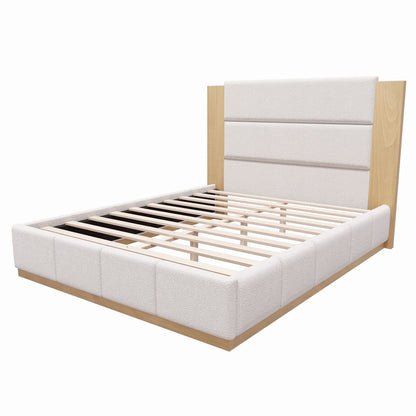 Modern upholstered platform bed with extended beige headboard and wood frame HouseOfZazla on Tampa Home & Garden Store