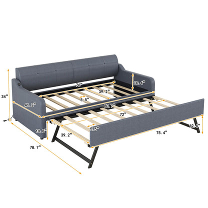 Upholstered Daybed With Trundle And USB Charging, gray fabric, HouseOfZazla bed frame on Tampa Home & Garden Store