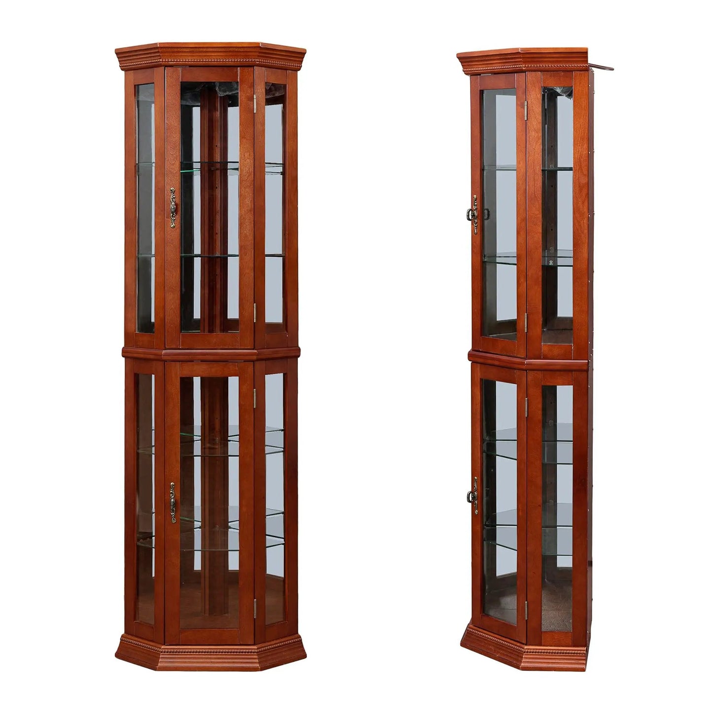 Corner curio cabinet with lights, cherry wood, tempered glass shelves, mirrored back(2) cabinets on Tampa Home & Garden Store