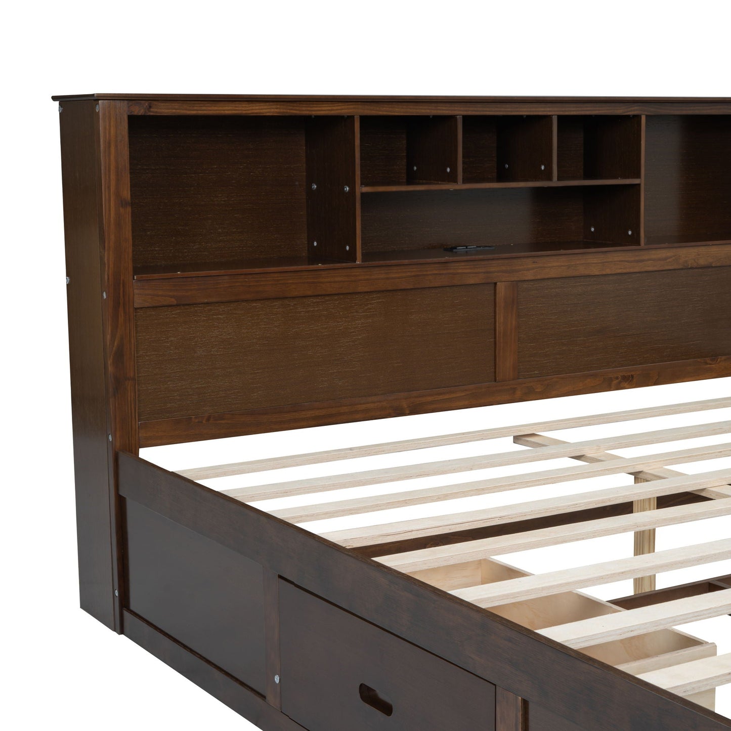Dark walnut platform bed with a multi-section storage headboard and front drawer on Tampa Home & Garden Store