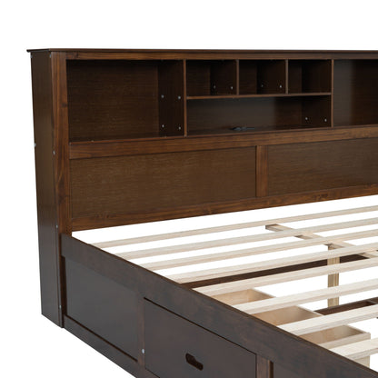 Dark walnut platform bed with a multi-section storage headboard and front drawer on Tampa Home & Garden Store