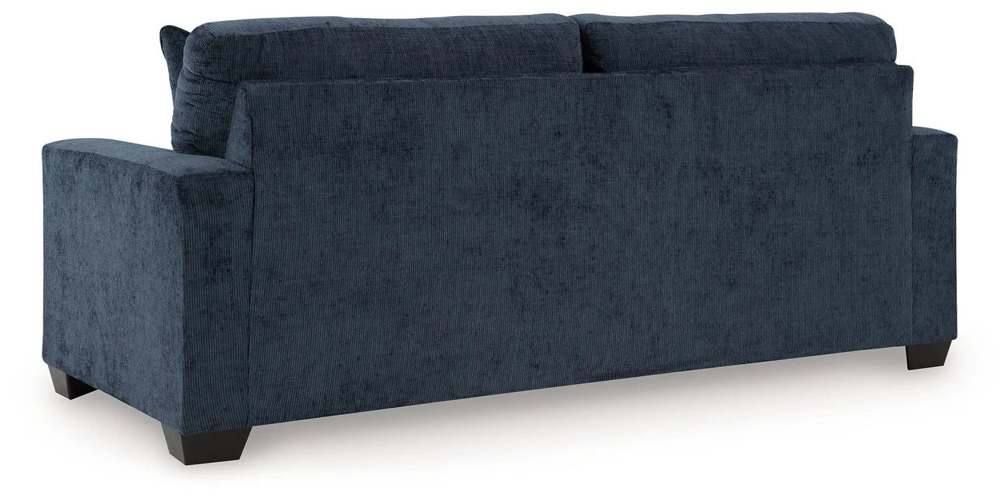 Aviemore sofa navy blue corduroy upholstery with two plush back cushions and dark square legs on Tampa Home & Garden Store