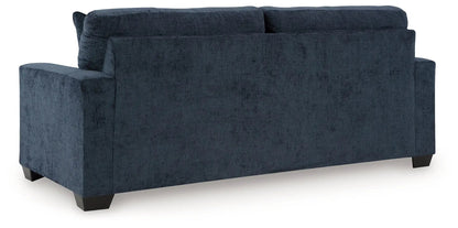 Aviemore sofa navy blue corduroy upholstery with two plush back cushions and dark square legs on Tampa Home & Garden Store