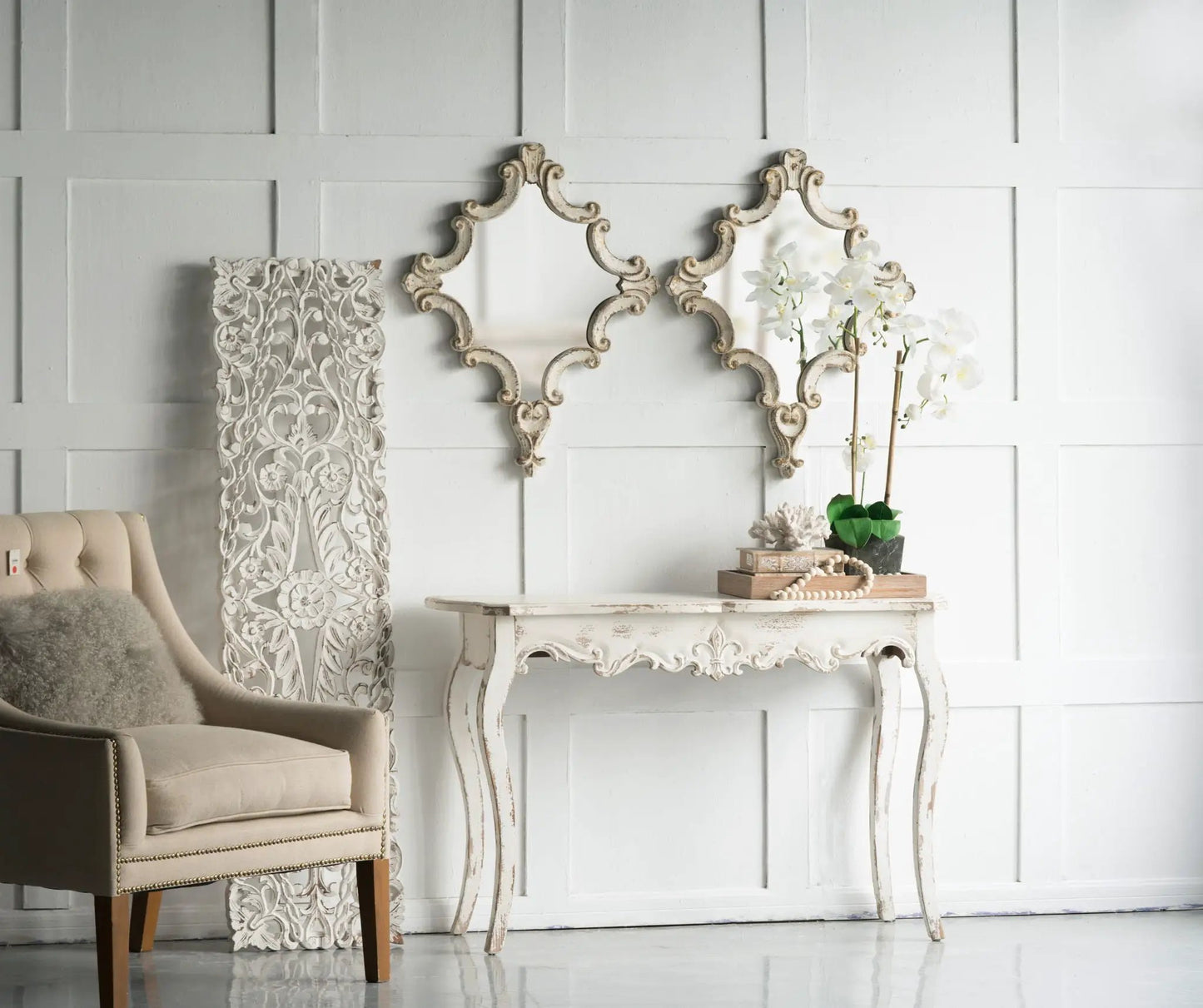 Pair of antique white diamond-scroll wall mirrors with distressed finish for living space on Tampa Home & Garden Store