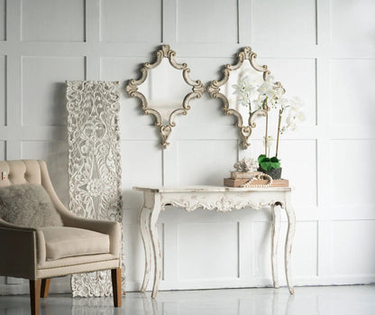 Pair of antique white diamond-scroll wall mirrors with distressed finish for living space on Tampa Home & Garden Store