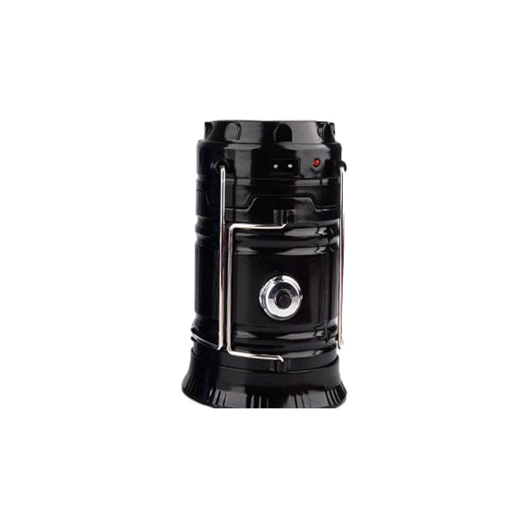solar charging telescopic camping lantern, black with metal carry handle and front lens on Tampa Home & Garden Store